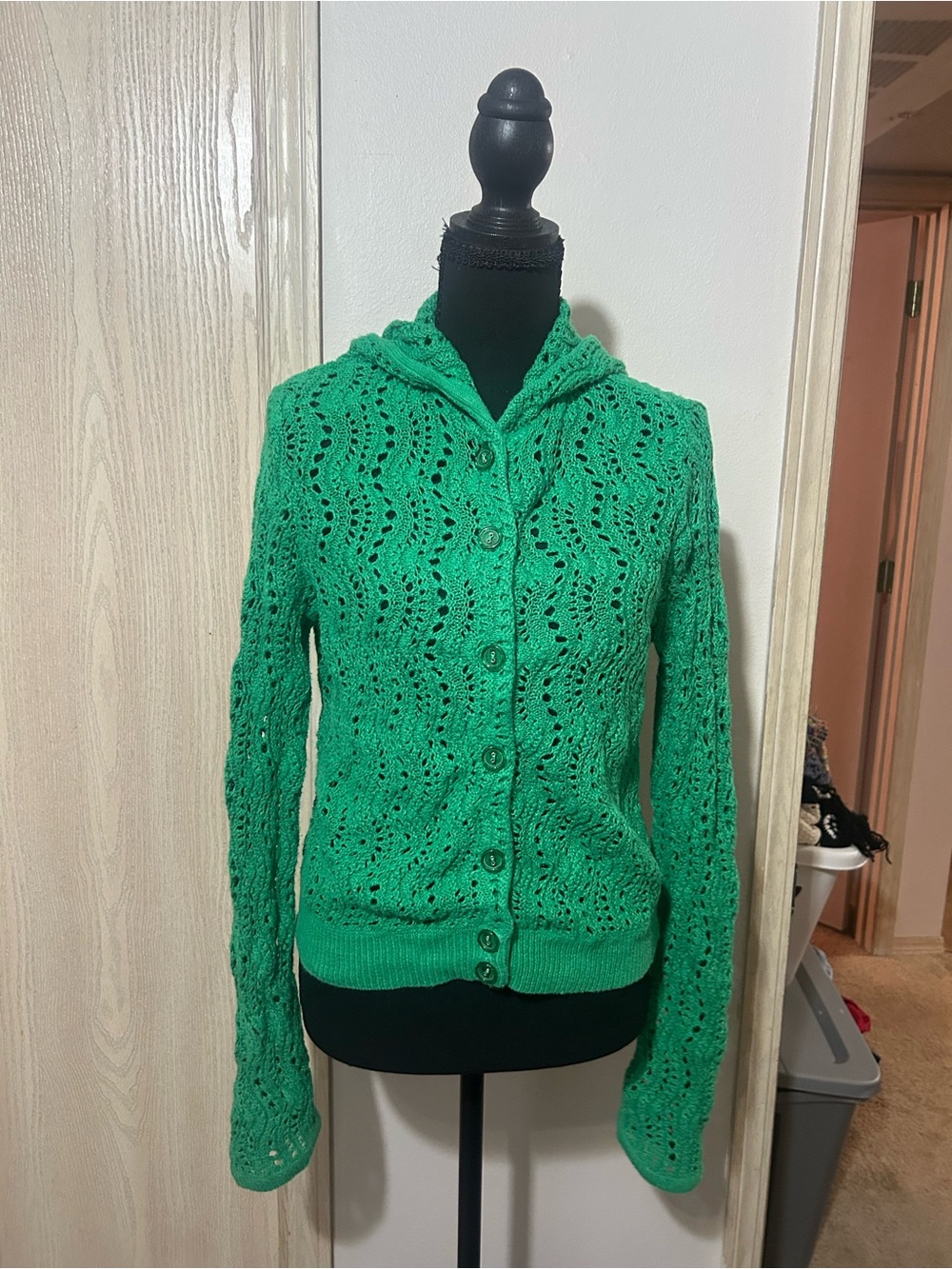 Cato Bright Green Hooded Button-Front Crochet Cardigan